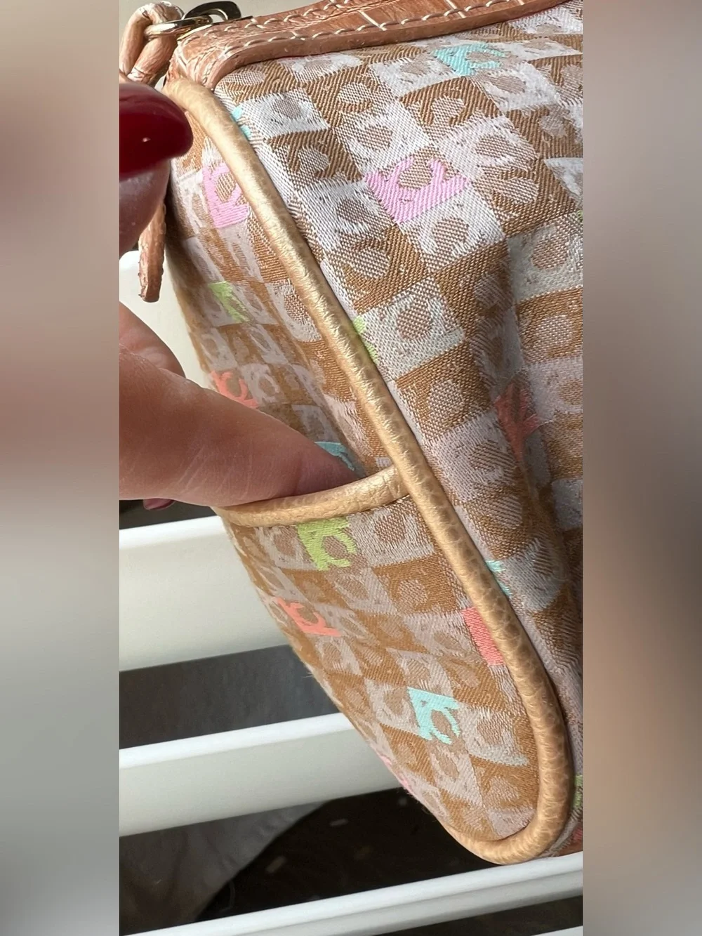 Liz Claiborne Multicolor Monogram Satchel with Tan Trim